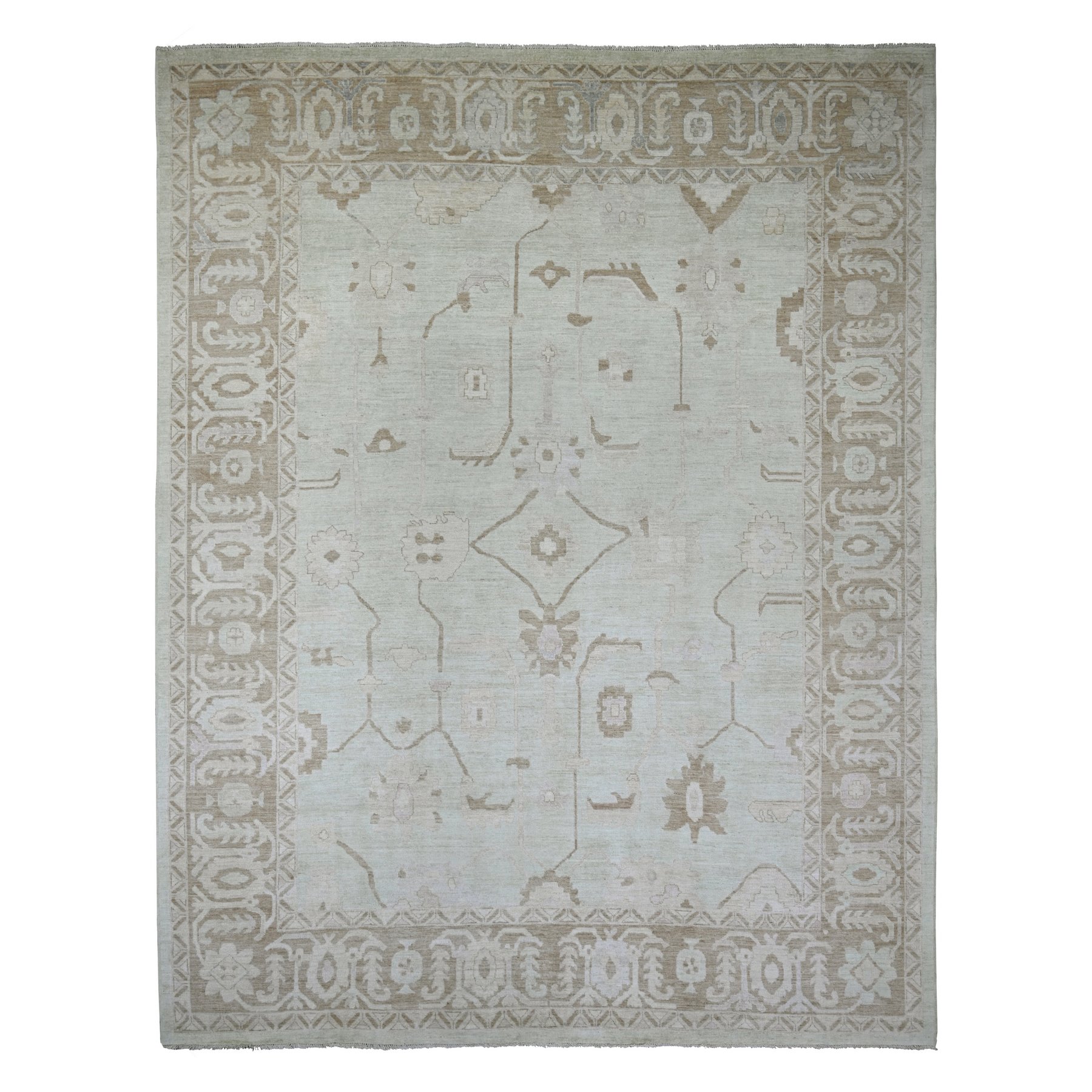 Linen White, Afghan Angora Oushak with All Over Design, Hand Knotted, 100% Wool, Vegetable Dyes, Oriental Rug
